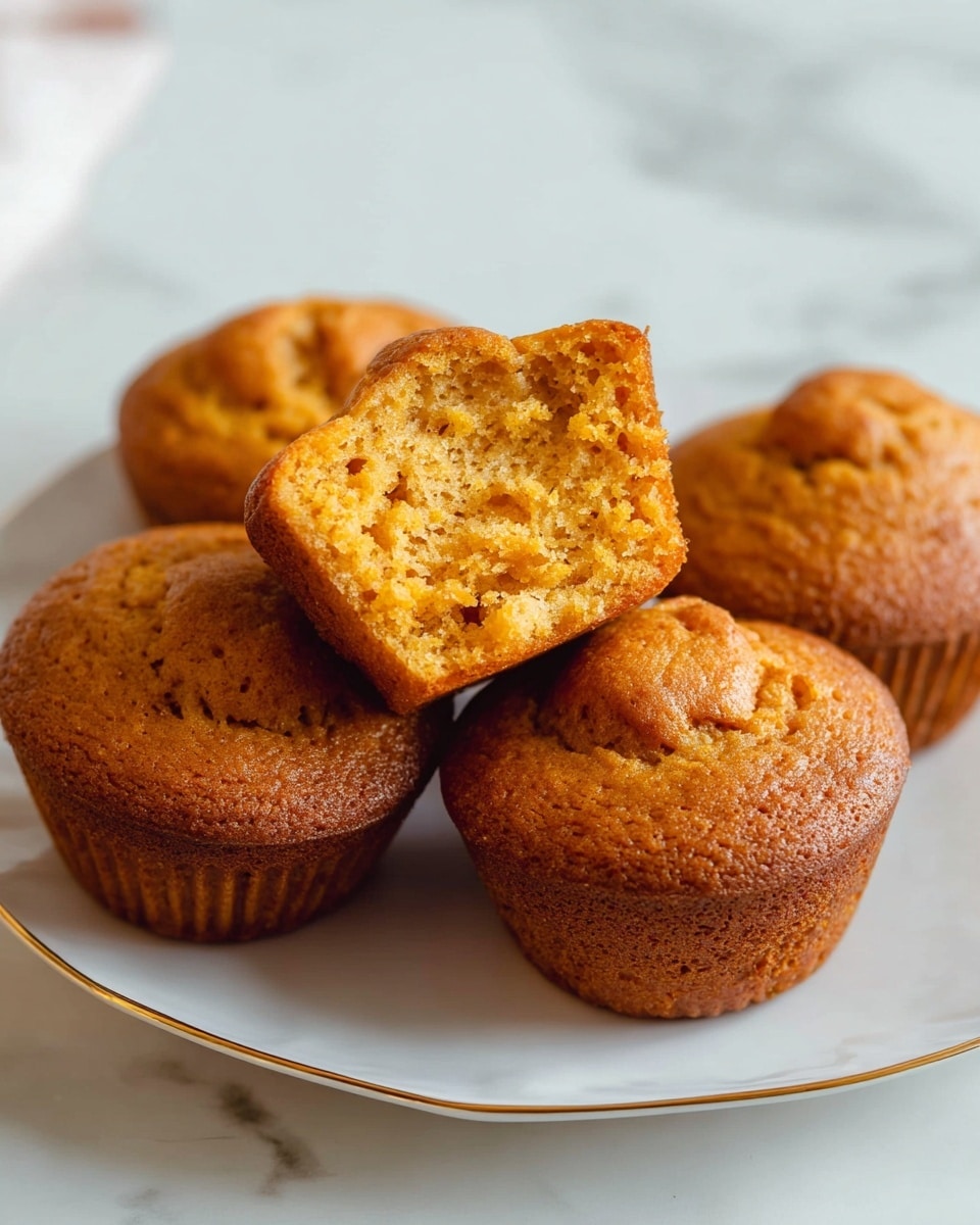 A close-up of five golden brown muffins placed on a white plate with a thin gold rim, set on a white marbled surface. Four whole muffins have a slightly domed top with a soft, textured crust, while one muffin is cut in half and positioned on top, showing its moist, fluffy interior with a light brown color and fine crumb structure. The muffins appear soft and freshly baked, with a slight shine on the surface, highlighting their warm tones. Photo taken with an iphone --ar 4:5 --v 7