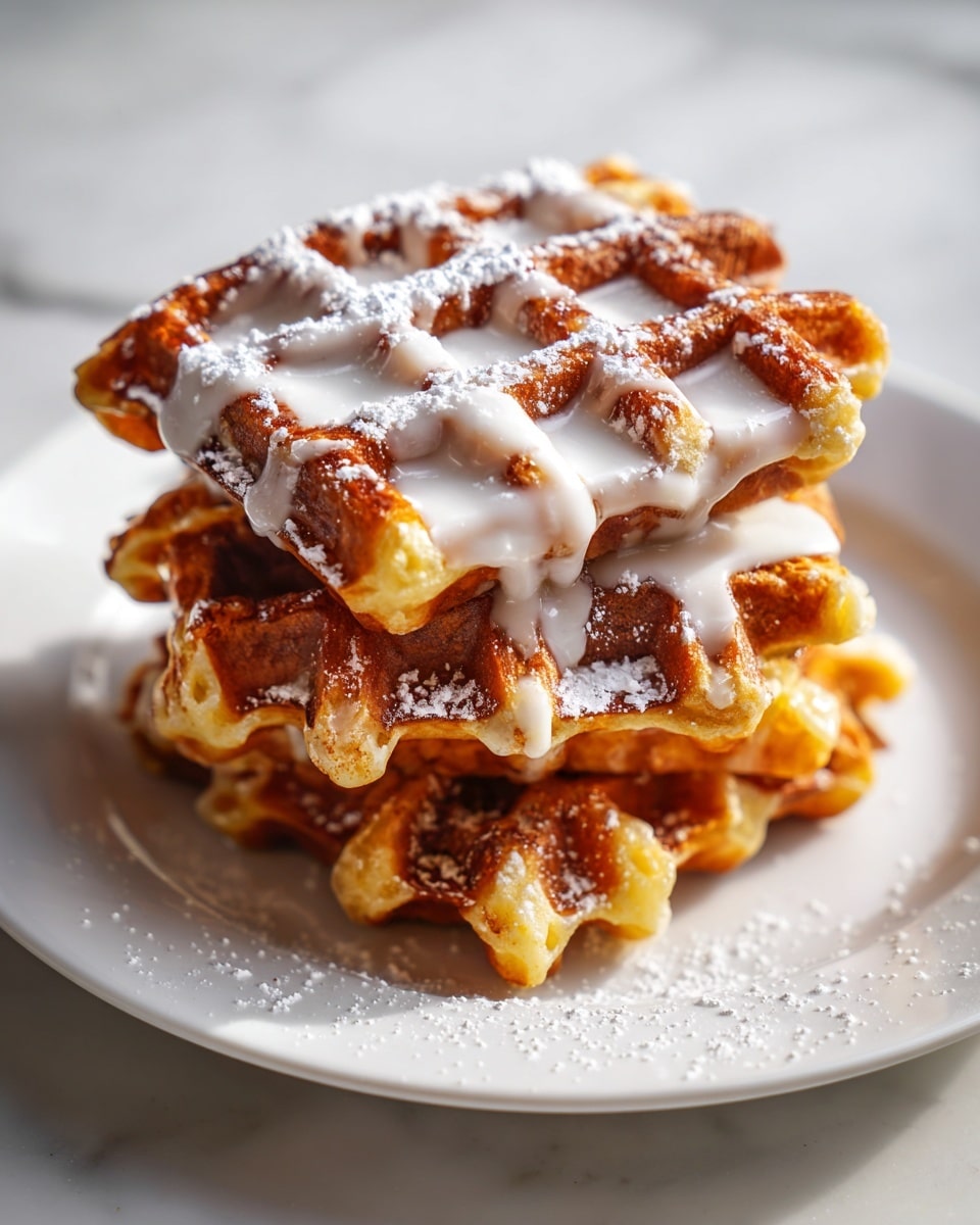 A stack of three small golden brown waffles sits on a white plate, each waffle’s surface showing a crispy texture with deep grid patterns. The top waffle is drizzled with glossy white icing that drips gently over the edges and is sprinkled with fine white powdered sugar which also lightly dusts the other two waffles. The white plate rests on a white marbled texture surface with soft natural light highlighting the warm, inviting colors and textures of the waffles and icing. photo taken with an iphone --ar 4:5 --v 7