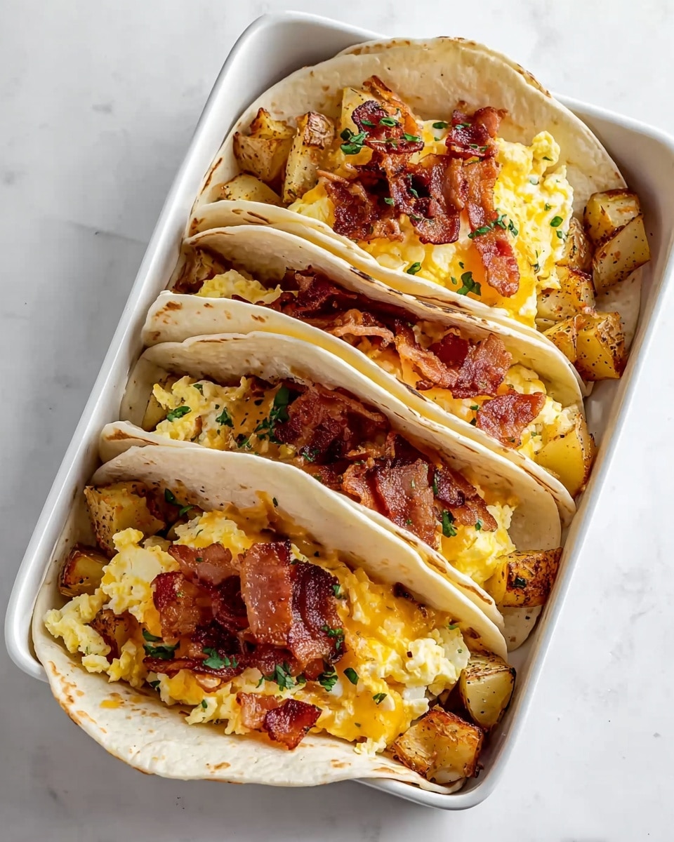 A white dish holds four soft tortillas arranged side by side, each filled with several layers. The bottom layer inside the tortilla is golden brown roasted potato chunks with textured skin. On top of the potatoes, there is a layer of fluffy scrambled eggs mixed with melted yellow and white cheese. The final layer is crispy bacon pieces with reddish-brown color scattered on the eggs. Small green herb leaves are sprinkled lightly over the fillings, adding a fresh contrast. The dish is placed on a white marbled surface. photo taken with an iphone --ar 4:5 --v 7