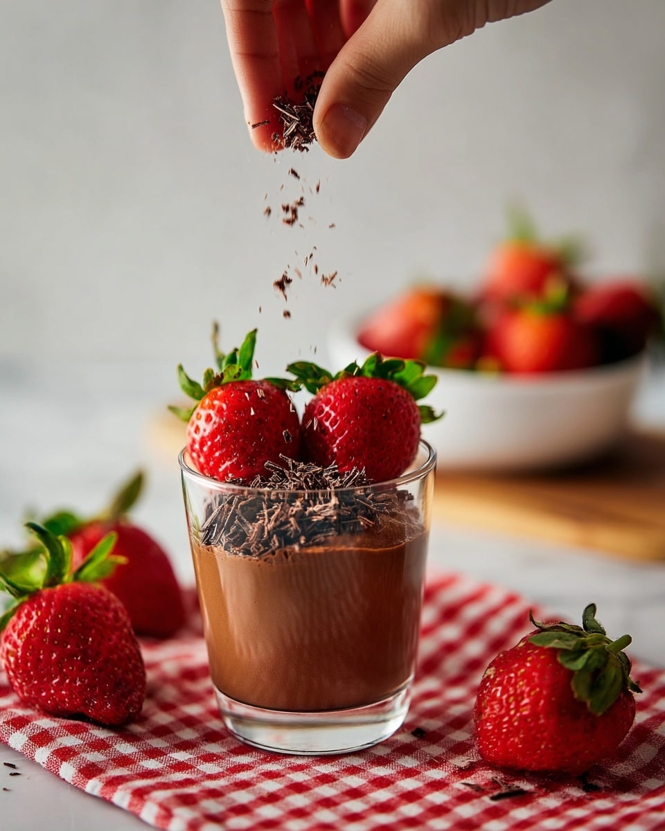 A clear glass cup filled with three layers: the bottom layer is a smooth, rich brown chocolate mousse filling most of the cup, the middle layer is a thin topping of finely shredded dark chocolate with a slightly rough texture, and the top layer has three bright red strawberries with green leaves arranged standing upright. Above the cup, a woman's hand sprinkles more dark chocolate shavings falling onto the strawberries and mousse. Around the cup, several fresh strawberries lie on a red and white checkered cloth placed on a white marbled surface. In the softly blurred background, a white bowl filled with more strawberries and a wooden cutting board with extra strawberries are partially visible. Photo taken with an iphone --ar 4:5 --v 7