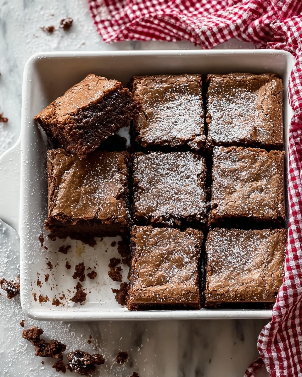 A white baking dish filled with nine square chocolate brownies with a cracked top and dusted with powdered sugar, one brownie is slightly lifted and tilted showing its dense, fudgy texture inside, the brownies have a rich dark brown color with a slightly glossy surface and visible cracks, scattered powdered sugar adds a contrasting white sprinkle over the top, the dish sits on a white marbled texture surface with a folded red and white checkered cloth partially visible on the side, some brownie crumbs are seen inside the dish and on the surface nearby, photo taken with an iphone --ar 4:5 --v 7