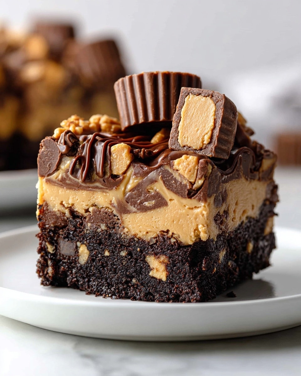 A thick slice of three-layered dessert sits on a white plate over a white marbled texture surface. The bottom layer is dark brown, dense, and crumbly like a brownie with visible bits of nuts or cookie pieces. The middle layer consists of light tan peanut butter mixed with swirls of dark chocolate, giving a marbled appearance. The top layer is made of thick chocolate chunks and swirls, drizzled with smooth chocolate sauce. On top, two Reese's peanut butter cups are placed, one whole and one cut in half showing a soft, creamy peanut butter center. The background is softly blurred, focusing on the rich textures and colors of the dessert slice. Photo taken with an iphone --ar 4:5 --v 7