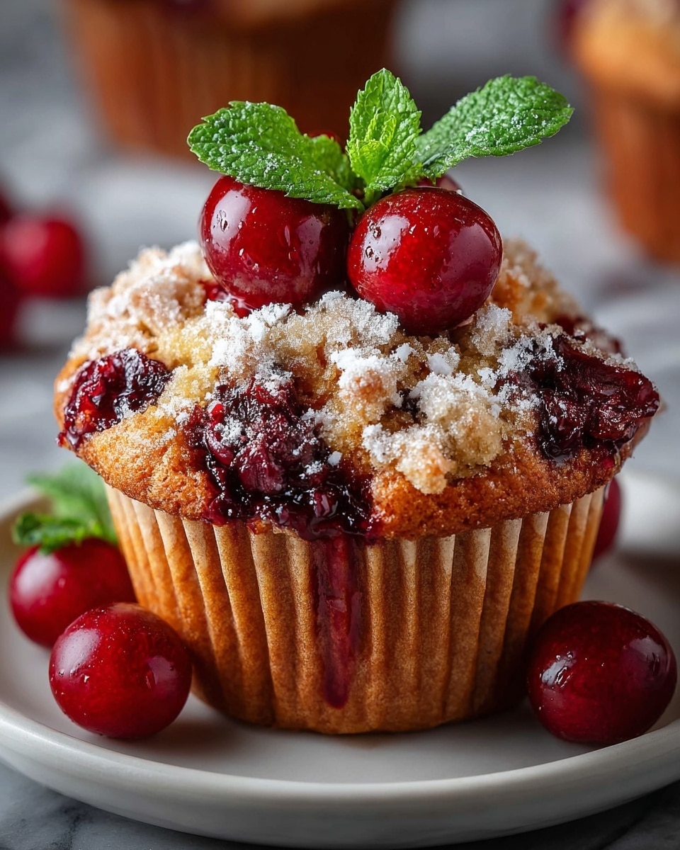 A close-up of a single muffin on a white plate, showing a golden-brown crumbly top mixed with dark red cherry pieces oozing juicy syrup down the sides; the muffin liner is light brown with vertical ridges, and on top sit three shiny bright red cherries crowned with fresh green mint leaves dusted with fine white powdered sugar. Around the muffin, a few loose cherries add bright red spots against the white marbled surface background, giving a fresh and rich look. photo taken with an iphone --ar 4:5 --v 7