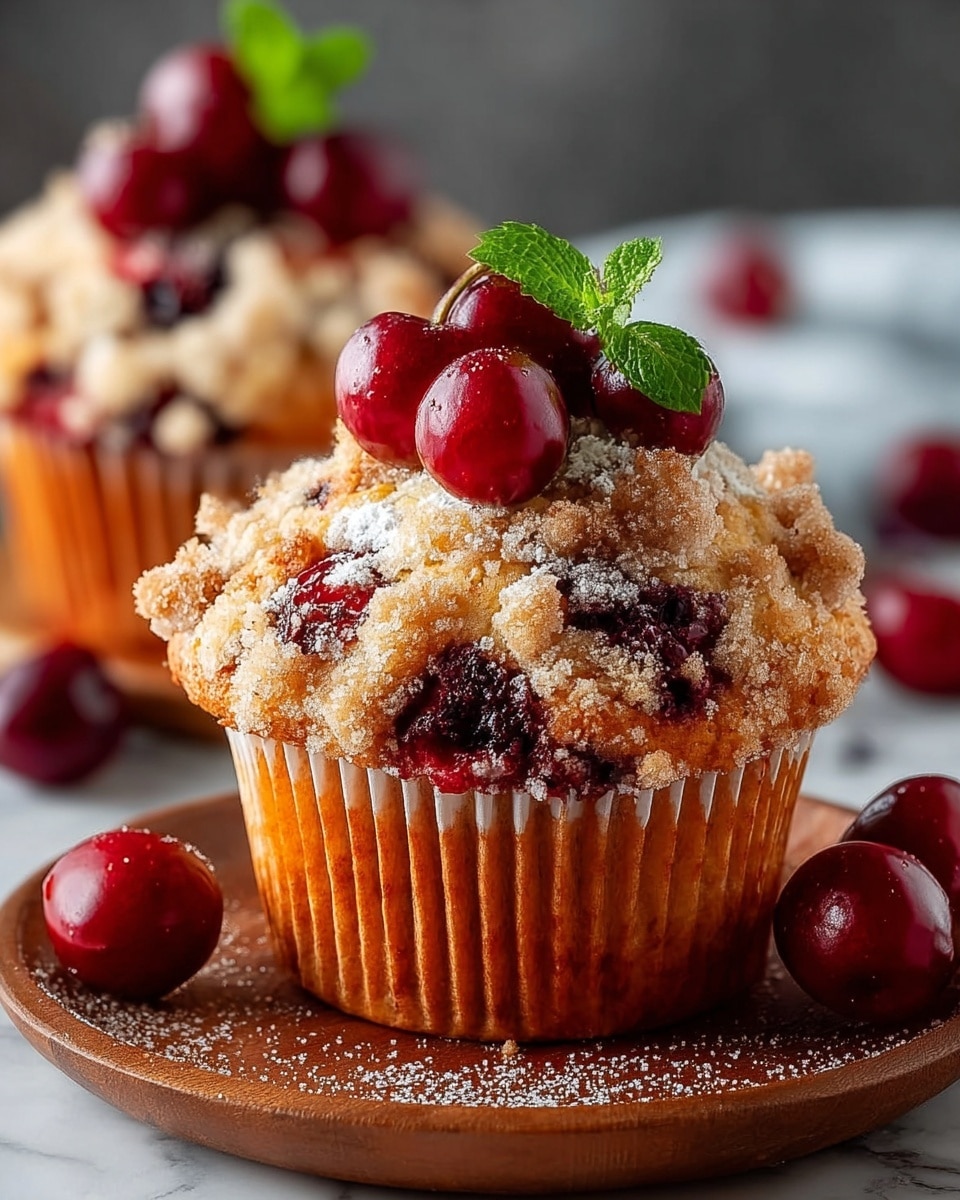 A close-up of a cherry muffin with four bright red cherries and a small sprig of green mint on top. The muffin has a crumbly, light brown sugar topping with dark red cherry pieces embedded in it. The muffin wrapper is white with orange tones showing through the ridges. Around the muffin on the wooden plate, there are some loose shiny cherries and a light dusting of powdered sugar. In the blurred background, another cherry muffin with a similar topping is visible. The surface underneath the wooden plate is a white marbled texture. photo taken with an iphone --ar 4:5 --v 7