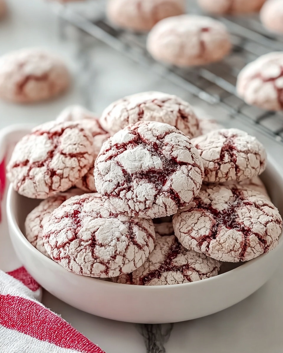 A white bowl full of about a dozen crinkle cookies with a cracked, powdery surface showing dark red beneath the light sugar coating; the cookies are round and piled up, with visible texture from the cracks, sitting on a white marbled surface with a red and white striped cloth nearby; in the background, more cookies are on a cooling rack and some out of focus. photo taken with an iphone --ar 4:5 --v 7