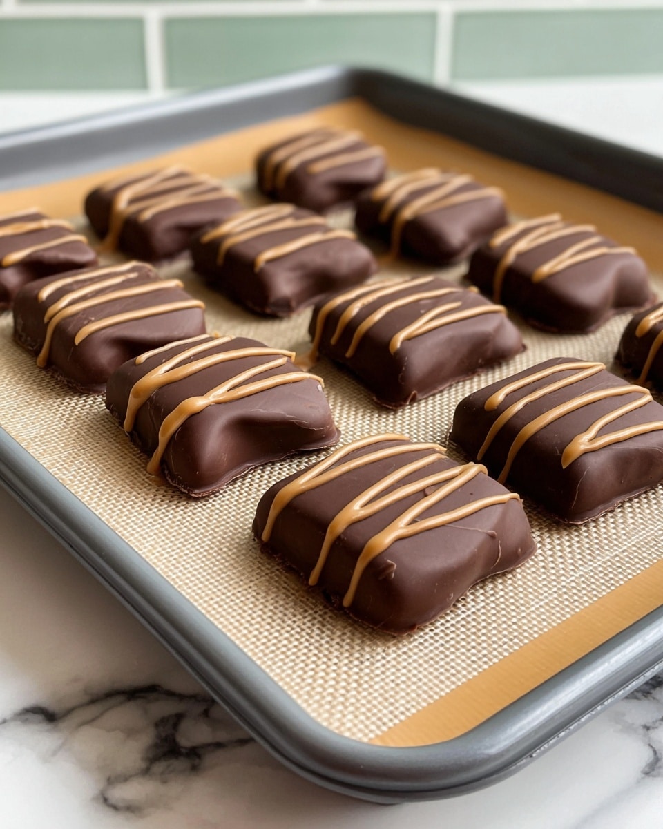 There are twelve small, square chocolates arranged in three even rows on a baking tray lined with a beige silicone mat. Each chocolate has a smooth, dark brown surface and is decorated with three slightly wavy, parallel drizzles of light brown sauce on top. The tray itself has a gray border and rests on a white marbled surface, with a pale green brick wall in the background. The focus is close up, capturing the shiny texture of the chocolate and the thickness of the drizzled topping. photo taken with an iphone --ar 4:5 --v 7