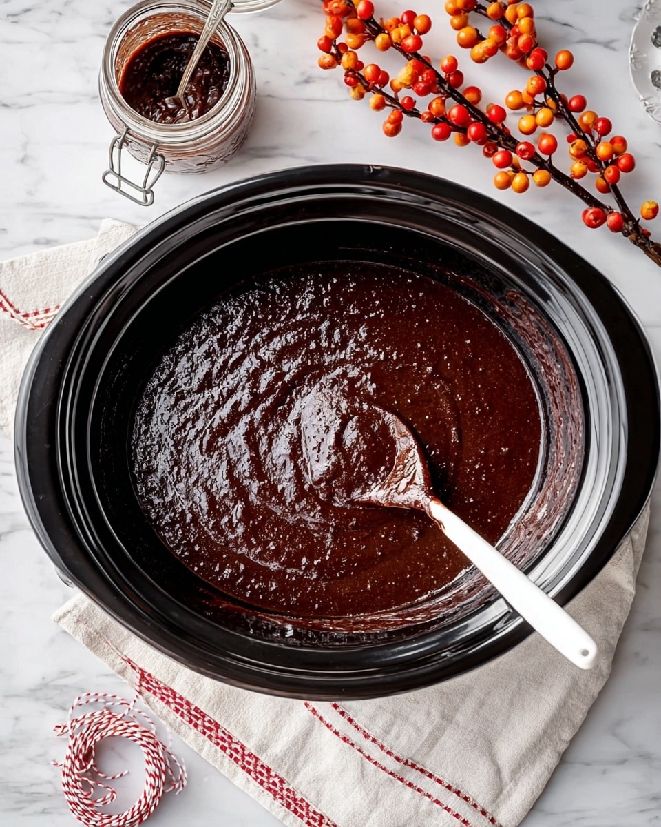 A black slow cooker bowl filled with one thick layer of dark brown chocolate mixture with a slightly glossy and textured surface is shown from above. A white spoon rests inside the slow cooker, partially coated with the same chocolate mixture. Nearby, on a white marbled surface, there is a jar with some chocolate mixture on its rim, a white cloth with red stitching, a red and white striped string, and a decorative branch with red and orange berries. Photo taken with an iphone --ar 4:5 --v 7
