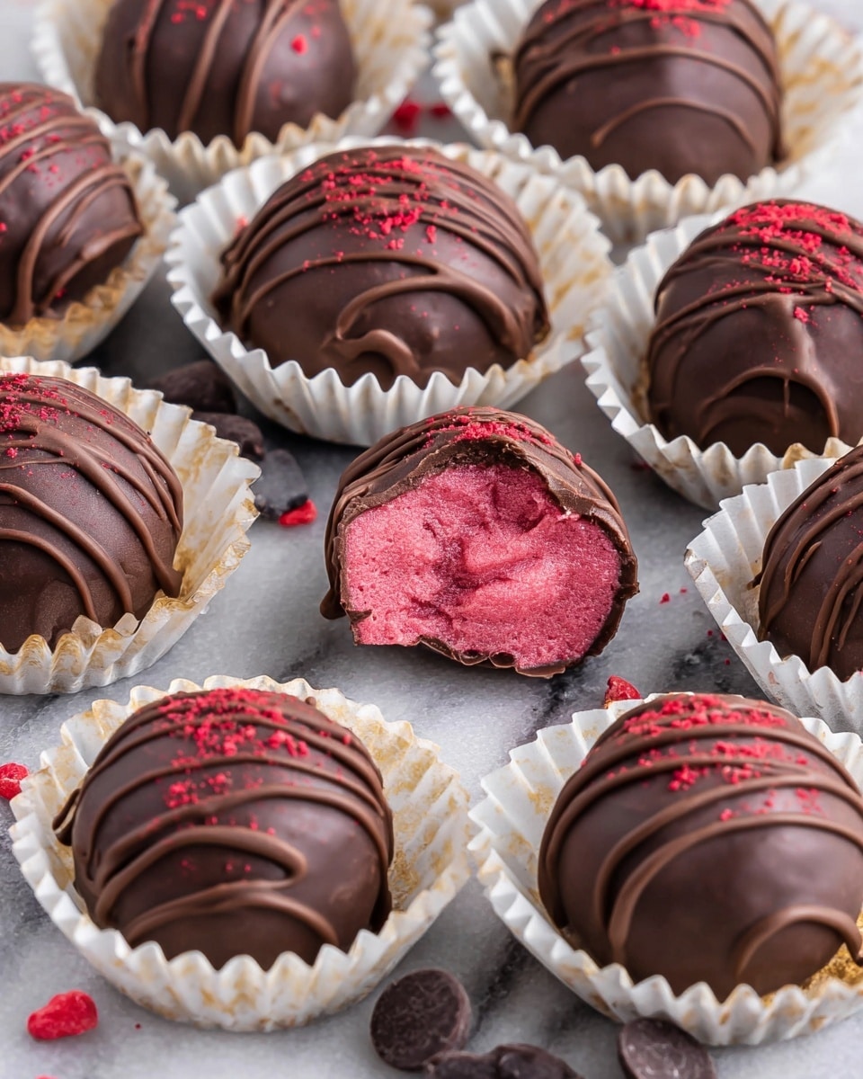 A close-up view of several chocolate truffles arranged together on a white marbled surface, each truffle covered in smooth dark chocolate with thin, dark chocolate drizzles on top and scattered with fine bright red powder. One truffle is cut in half at the center, showing three layers: a thin dark chocolate outer layer with a shiny texture, inside a thick, creamy pink filling with a soft, slightly crumbly texture, and some red specks within the pink filling. The truffles sit closely packed, highlighting their rich dark brown and vibrant pink colors with a glossy finish. Photo taken with an iphone --ar 4:5 --v 7