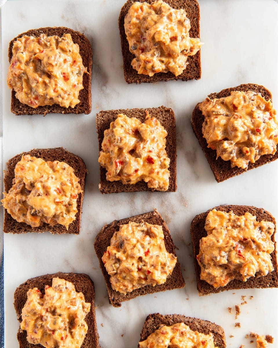 Nine square pieces of dark brown bread are laid out over a white marbled surface. Each piece of bread is topped with a thick layer of a creamy, chunky spread that is mostly light orange with bits of darker brown and small red flecks mixed in, giving a textured, uneven appearance. The spread looks slightly melted and glossy, with some areas showing a bit of browning indicating it may have been baked or broiled. The pieces are arranged in a loose grid pattern with some crumbs scattered around. photo taken with an iphone --ar 4:5 --v 7