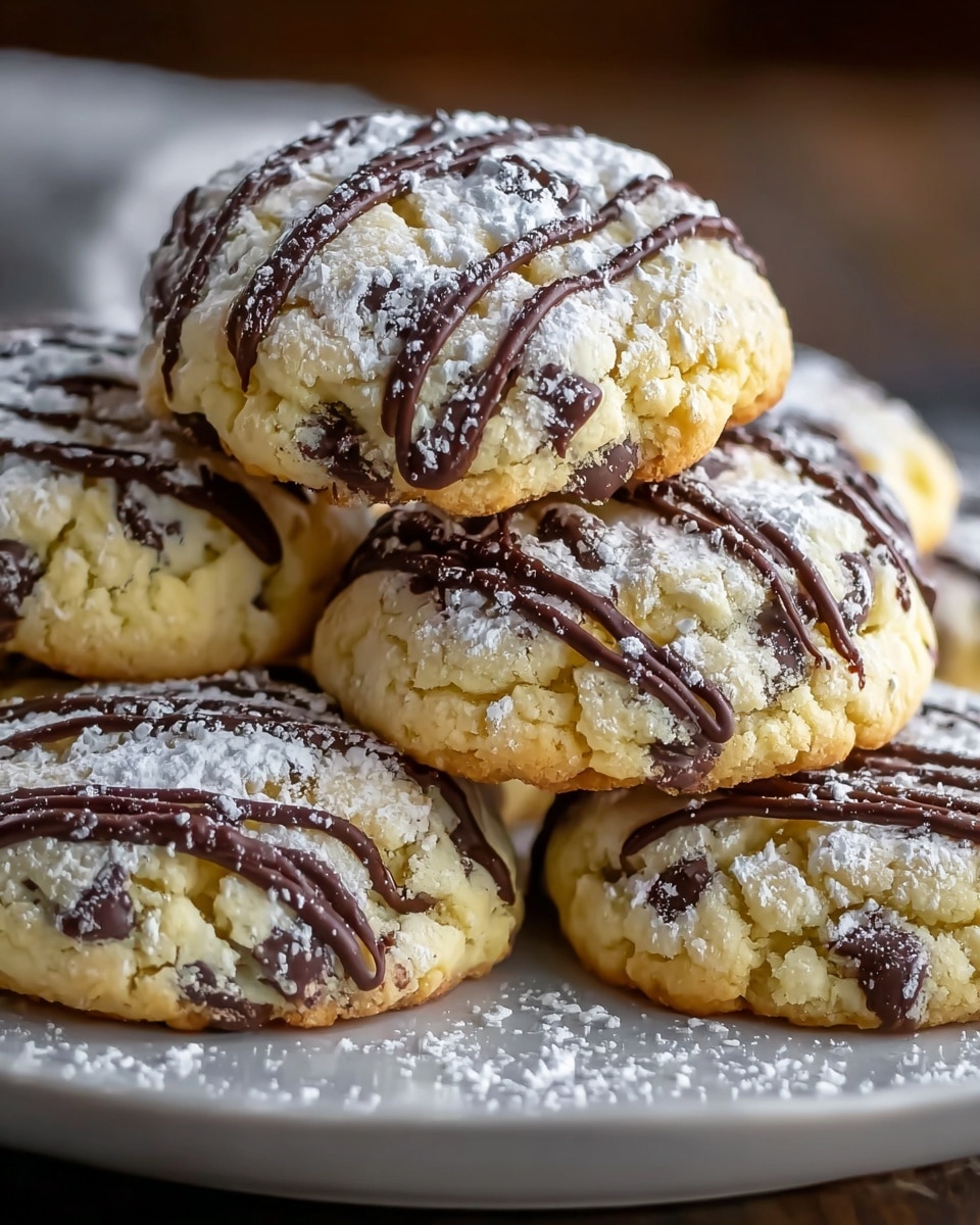 A close-up image shows a stack of soft cookies on a white plate, with one cookie slightly tilted on top of the others. The cookies are light golden with visible dark chocolate chips scattered inside. Each cookie is covered with a dusting of white powdered sugar and decorated with thin lines of shiny dark chocolate drizzle running across the top. The plate sits on a white marbled surface, and the warm lighting highlights the texture and crumbly softness of the cookies. Photo taken with an iphone --ar 4:5 --v 7