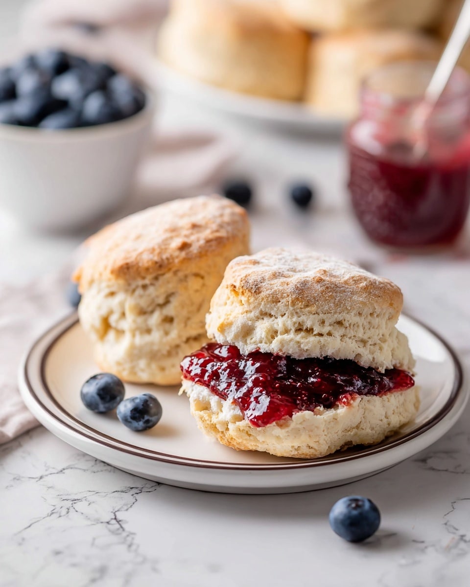Two soft, golden-brown scones sit on a white plate with a thin dark rim, placed on a white marbled surface. The scone in the front is open, showing the inside layers of light, fluffy bread and a thick layer of shiny, deep red berry jam spread on the bottom half. The top half rests slightly tilted against it, showing its rough, cracked texture dusted with flour. Blueberries are scattered around the plate and table for added color. In the blurred background, a white bowl filled with more blueberries and a jar of red jam add depth to the scene. photo taken with an iphone --ar 4:5 --v 7