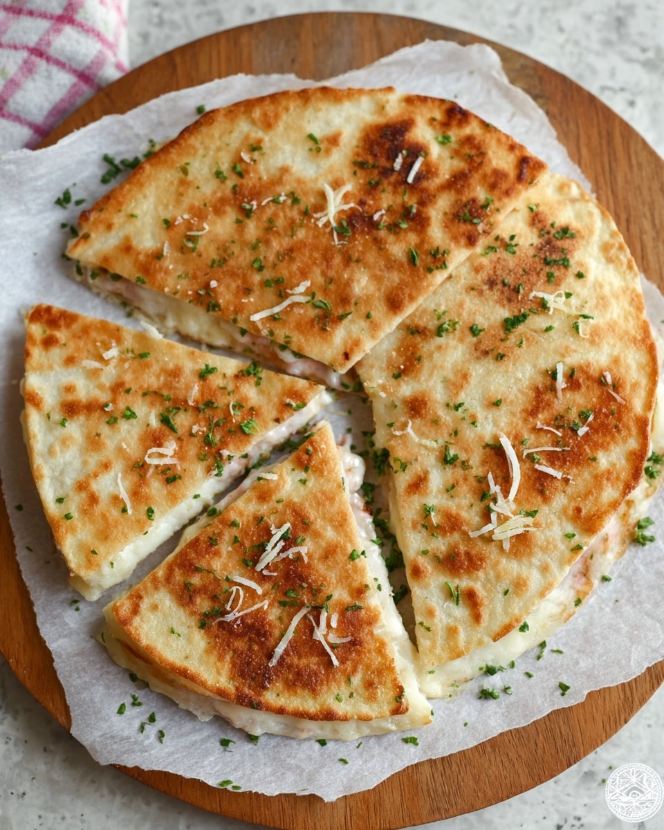 The image shows a toasted sandwich cut into two stacked squares, each with three visible layers; the top and bottom layers are golden brown, slightly crispy flatbread sprinkled with chopped herbs and melted cheese shreds, the middle layers consist of light pink ham and creamy white melted cheese that looks soft and gooey, with some cheese slightly oozing out at the edges. The sandwich sits on white parchment paper placed on a round wooden cutting board, with extra grated cheese and herbs scattered around. To the right of the sandwich, there is a small white cup filled with smooth, pale yellow sauce. The background is a white marbled texture with a floral cloth partially visible at the bottom. Photo taken with an iphone --ar 4:5 --v 7