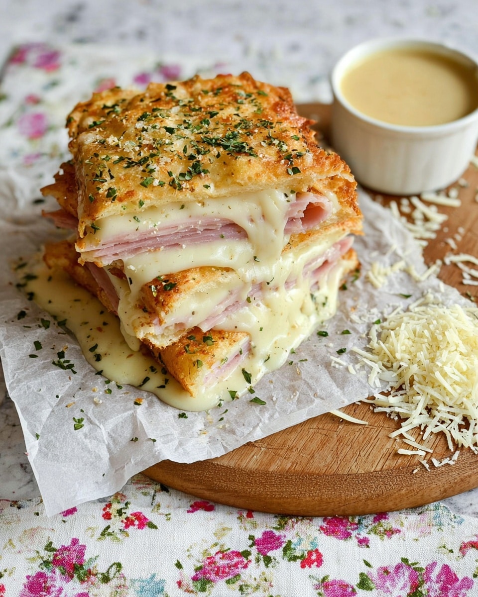A round quesadilla cut into four triangular pieces is placed on white parchment paper over a round wooden board. The top of each piece is golden brown with some darker toasted spots, sprinkled evenly with small chopped green herbs and thin shreds of melted cheese. The quesadilla has two visible layers, with a white lightly browned outer layer and a creamy, light filling inside. The edges are slightly crispy and the inside looks soft and moist. Photo taken with an iphone --ar 4:5 --v 7
