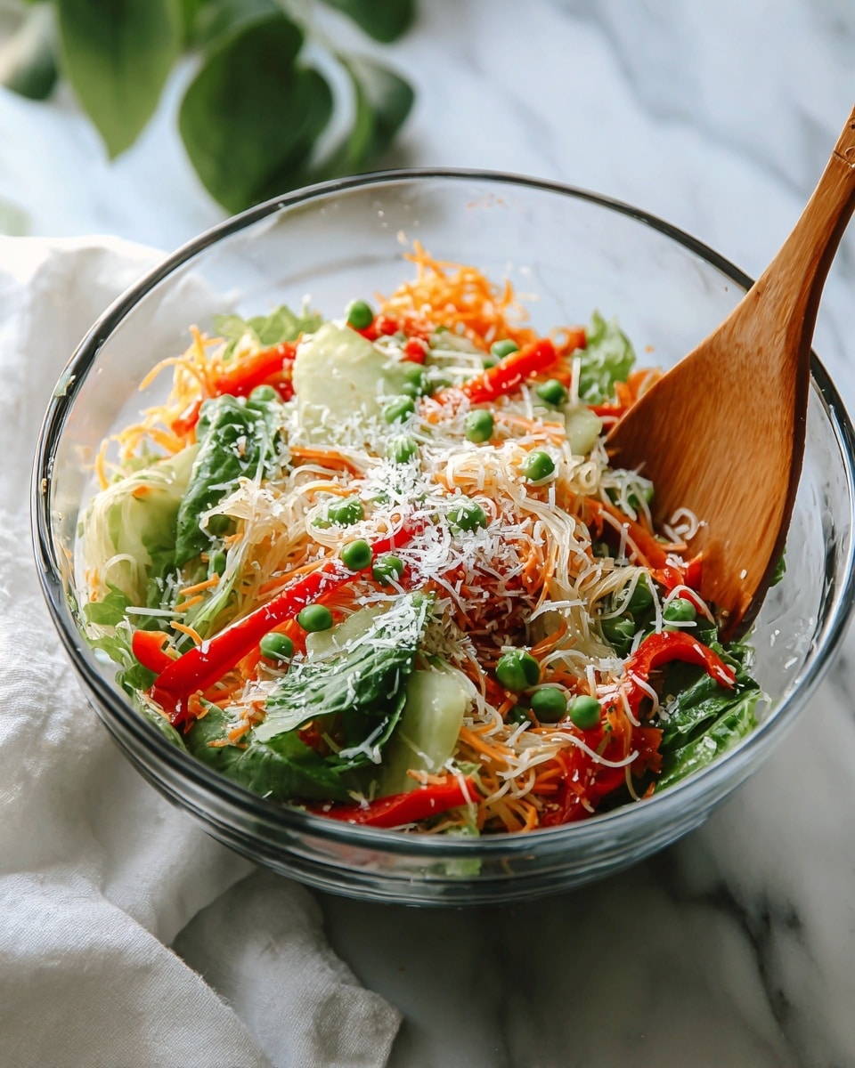 A clear glass bowl holds a colorful mixed salad that has several layers: at the bottom is a bed of thin white noodles tangled with shredded orange carrots and leafy green lettuce. On top, slices of green cucumber and bright red bell pepper strips add fresh color, with scattered green peas adding small pops of brightness. A light sprinkling of grated white cheese or a similar topping is spread evenly over the salad. A wooden spoon with a smooth finish rests inside the bowl on the right side. The bowl sits on a white marbled surface with a soft white cloth partially visible on the left and some green leaves blurred in the background. photo taken with an iphone --ar 4:5 --v 7