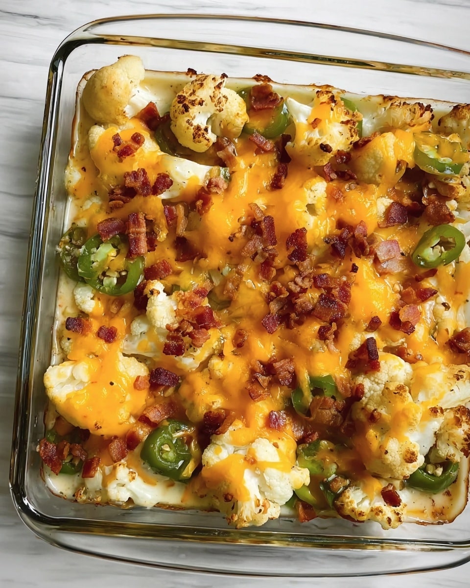 This image shows a glass baking dish filled with a cooked cauliflower casserole. The bottom layer is made of green jalapeño slices and large pieces of roasted cauliflower with a slightly browned texture. Melted bright orange cheddar cheese covers the vegetables unevenly, creating a creamy layer on top. Small pieces of crispy, browned bacon are scattered across the dish, adding texture and color contrast. The glass dish is placed on a white marbled textured surface. photo taken with an iphone --ar 4:5 --v 7