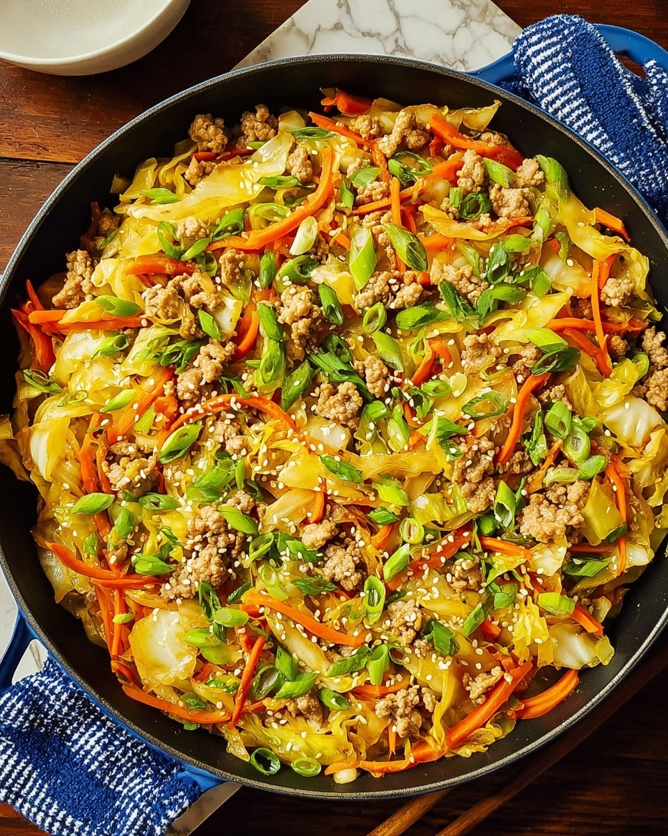 A round black skillet filled with a colorful stir-fry made of four main layers: the bottom layer consists of pale yellow and green cabbage strips, mixed with bright orange carrot shreds, and pieces of cooked ground meat in light brown color scattered evenly on top. There are also sliced green spring onions sprinkled all over, adding fresh green spots. Small white sesame seeds are sprinkled lightly across the whole dish, giving a subtle texture contrast. The skillet is placed on a dark wooden table with a white marbled texture surface, and a blue and white cloth is partially visible to the side. photo taken with an iphone --ar 4:5 --v 7