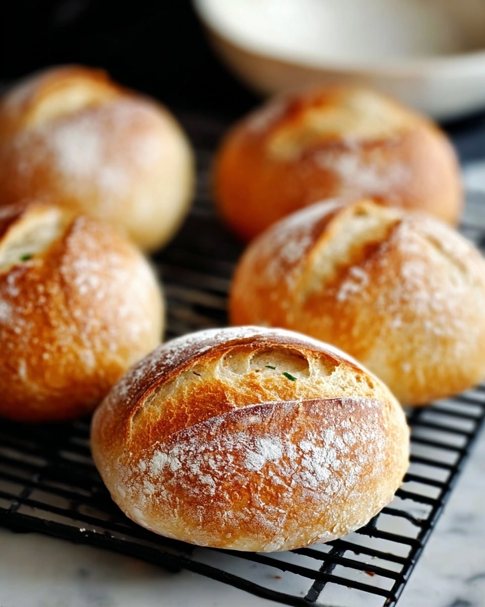 A close-up image shows a rustic wicker basket filled with five golden brown bread rolls. Each roll has a crackled crust with a shiny, slightly rough texture and light dusting of flour. The top layer features the crust's uneven golden peaks with softer white bread visible inside the cracks. The basket sits on a white linen cloth set against a white marbled textured surface in soft, natural light. The soft shadowing emphasizes the warm, inviting look of the freshly baked bread. photo taken with an iphone --ar 4:5 --v 7