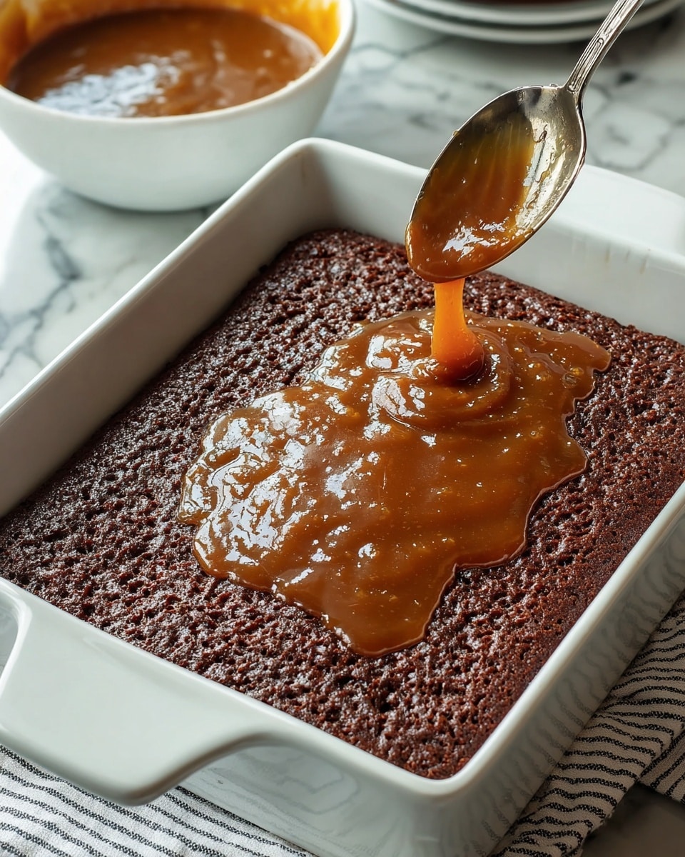 A square white baking dish holds a single-layer, moist chocolate cake with a rich brown color and a slightly rough textured top. A glossy caramel sauce is being spooned over the cake surface, pooling in the middle and spreading unevenly with a thick, shiny, and smooth texture. A silver spoon lifts some caramel, revealing the contrast between the dark cake and the lighter syrup. In the background, part of a white bowl with more caramel sauce is visible, all placed on a white marbled surface with a striped white and gray cloth to the side. Photo taken with an iphone --ar 4:5 --v 7