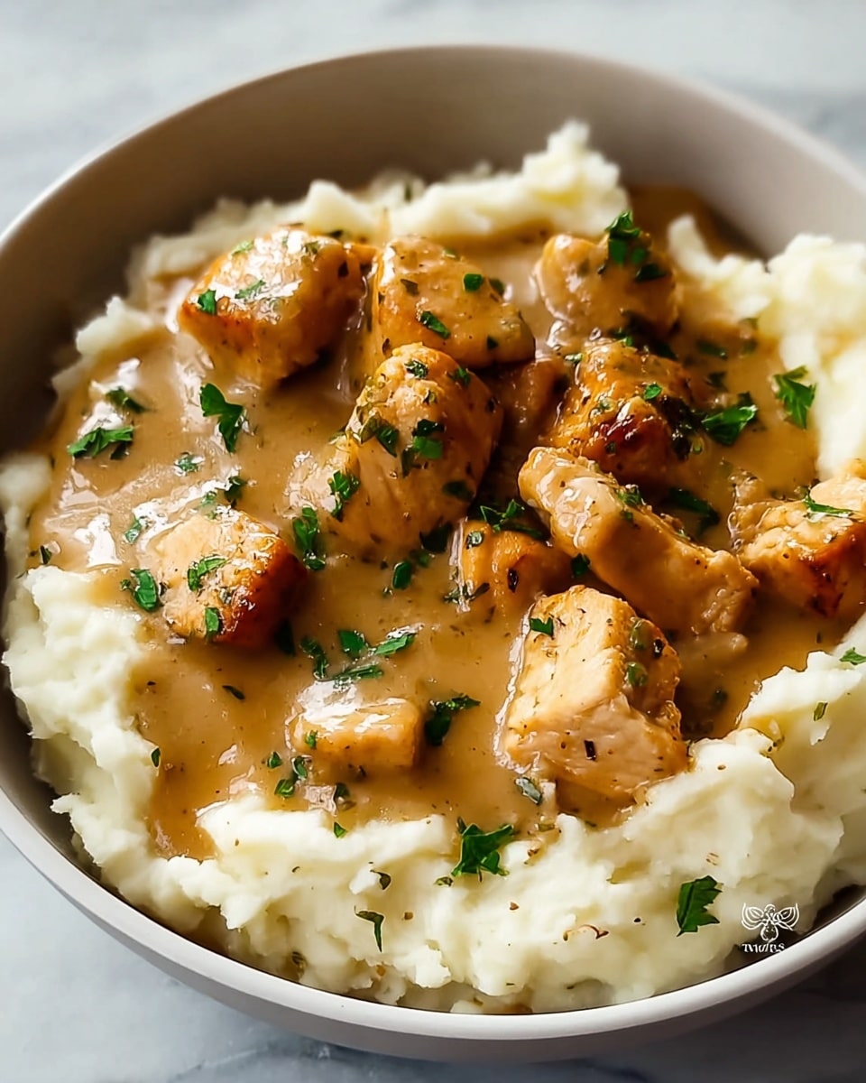 The image shows a bowl filled with creamy mashed potatoes that create a textured, fluffy white base around the edges. On top, there are several chunks of golden-brown cooked chicken pieces covered in a smooth, light brown gravy. Small green herb bits are sprinkled over the chicken and gravy, adding color contrast. The bowl is white and placed on a white marbled surface. photo taken with an iphone --ar 4:5 --v 7