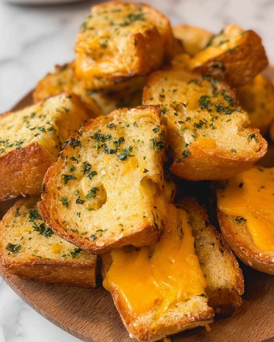 The image shows several small garlic bread sandwiches closely piled on a wooden board, each sandwich made of two toasted bread slices. The top slice is light golden brown with patches of green herbs, showing a slightly rough and crispy texture. Between the two slices is a layer of melted cheddar cheese that is bright orange and slightly oozing out. The bread edges are soft and slightly browned, and some sandwiches have a more toasted look on the sides. The background is a white marbled texture. Photo taken with an iphone --ar 4:5 --v 7