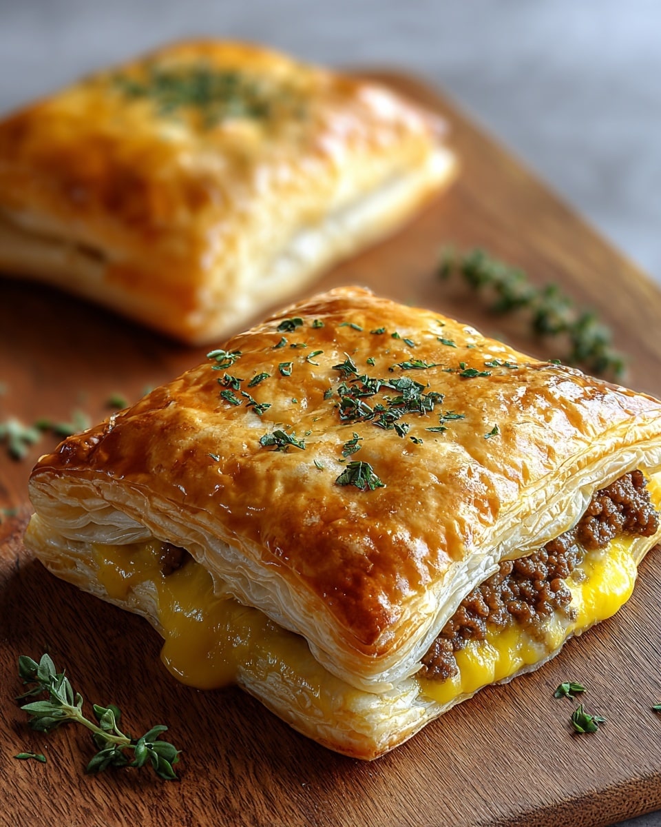 Two square puff pastries sit on a wooden board, each with a golden-brown, flaky top layer sprinkled with fresh green herbs. The front pastry shows a filling of melted yellow cheese and browned ground meat, visible from an open side, while the layers of crisp pastry thinly frame the filling. The second pastry in the background is closed, showing just the shiny, textured upper crust. Small herb leaves are scattered around the pastries on the board. photo taken with an iphone --ar 4:5 --v 7