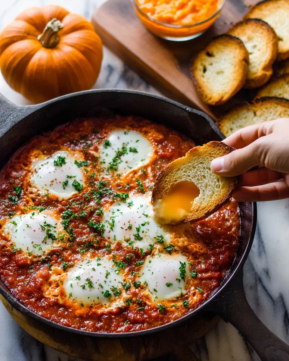 A black cast-iron pan filled with a thick red tomato sauce bottom layer, topped with five smooth white cooked eggs evenly spaced, with a sprinkle of chopped green herbs across the surface. A woman's hand is holding a toasted golden brown slice of bread with a hole near the center, dipping it into the sauce. In the background, a small round bright orange pumpkin sits next to a small glass bowl of orange puree and several slices of toasted light brown bread arranged on a white marbled surface. photo taken with an iphone --ar 4:5 --v 7