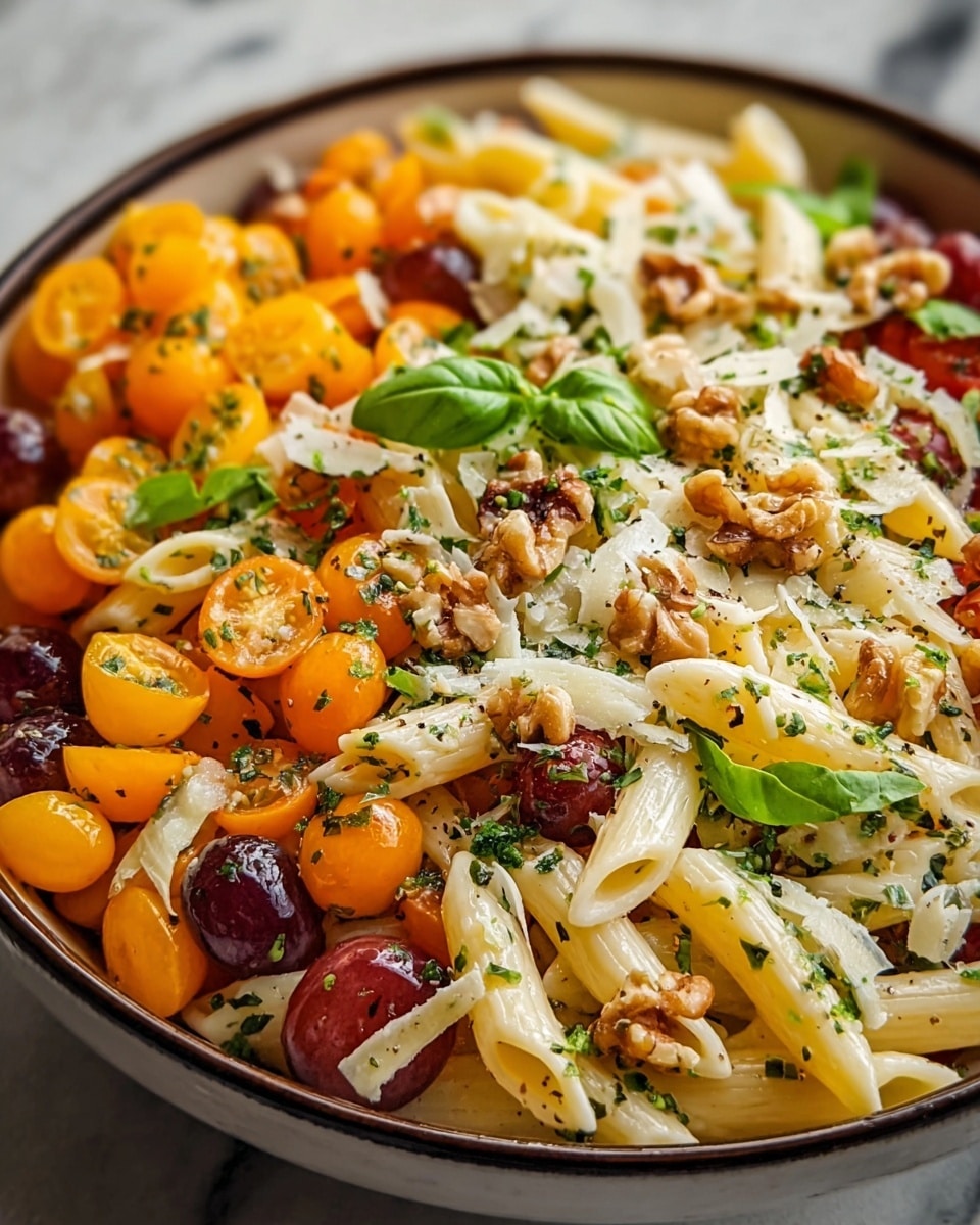 A close-up of a bowl filled with pasta salad made of three main layers: the base layer is white penne pasta with a smooth texture, followed by a layer of orange and yellow cherry tomato halves that add bright color and juicy texture, and scattered dark red grapes providing contrast. The top layer has green basil leaves and small pieces of walnuts, with thin white cheese shavings on top sprinkled with black pepper and finely chopped herbs. The bowl is white with a dark rim, placed on a white marbled surface. photo taken with an iphone --ar 4:5 --v 7