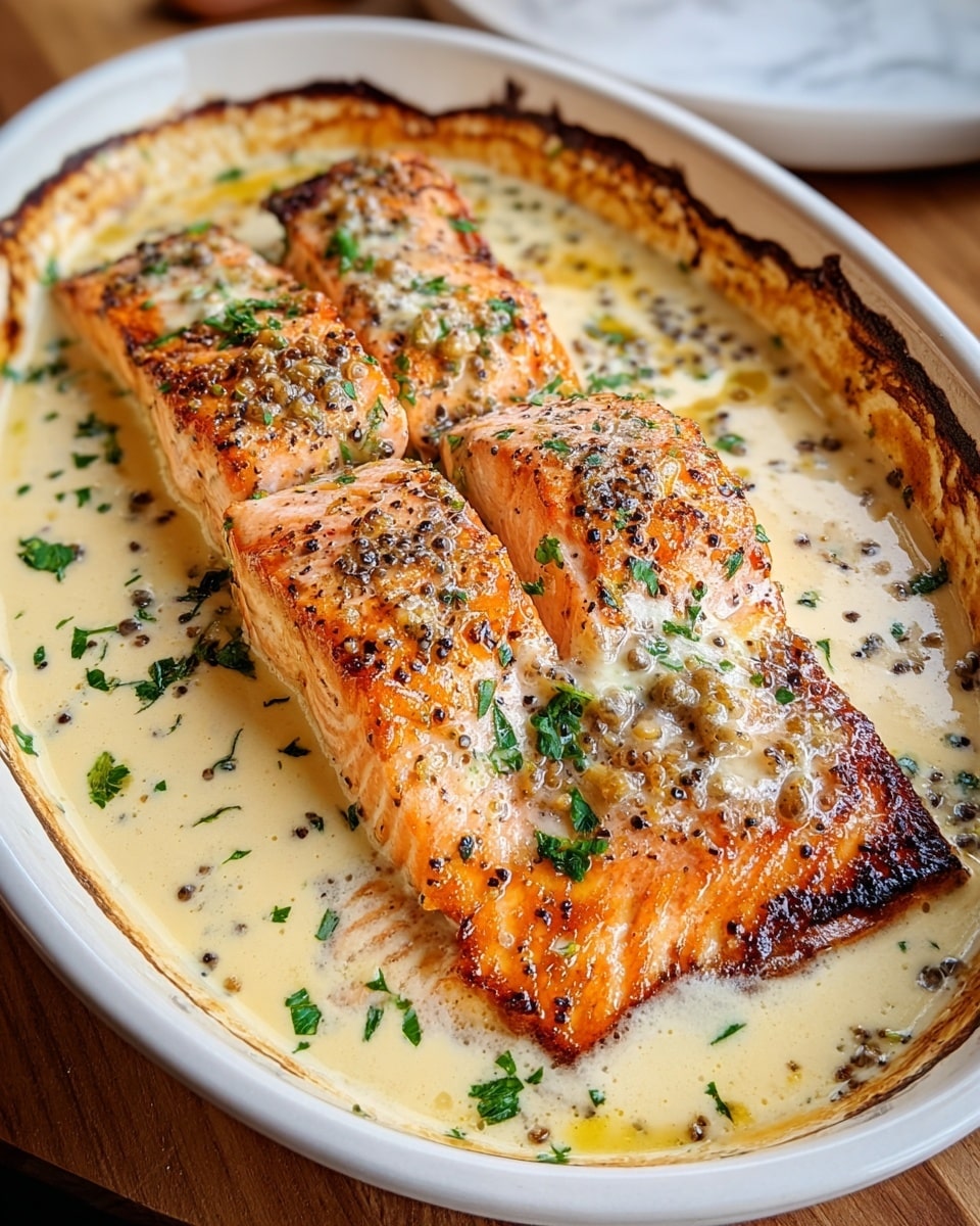 The image shows a white oval dish filled with a cooked salmon fillet that is cut into three parts but still connected, placed in creamy white sauce with a smooth texture and some visible mustard seeds. The salmon is golden-orange with a grilled, slightly charred surface and black pepper sprinkled on top. The sauce is garnished with small green herb pieces, likely parsley, adding a fresh color contrast. The edges of the dish have some browned, baked-on sauce marks. The dish is set on a wooden table with a hint of a white marbled surface underneath. photo taken with an iphone --ar 4:5 --v 7