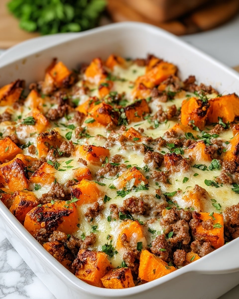 A close-up of a white baking dish filled with a layered casserole. The base layer consists of bright orange roasted sweet potato chunks, topped with a layer of browned cooked ground meat. A melted creamy cheese layer with golden brown spots sits unevenly over the meat, and fresh chopped green herbs are scattered all over for a pop of color. The dish is set on a white marbled surface with some blurred green and wooden elements in the background. Photo taken with an iphone --ar 4:5 --v 7