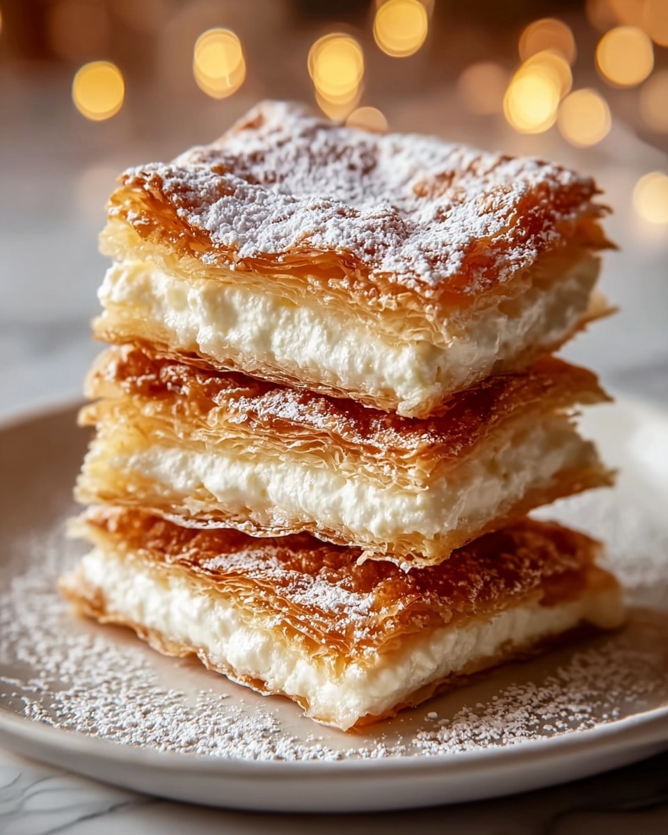 Three layers of golden brown, crispy pastry with a rough, flaky texture make up the dessert, each layer separated by a thick, smooth white cream filling. The top pastry layer is dusted generously with white powdered sugar, adding a light, powdery texture. The dessert is stacked neatly on a white plate with some powdered sugar scattered around its base, all placed on a white marbled surface with soft, warm bokeh lights blurred in the background. photo taken with an iphone --ar 4:5 --v 7