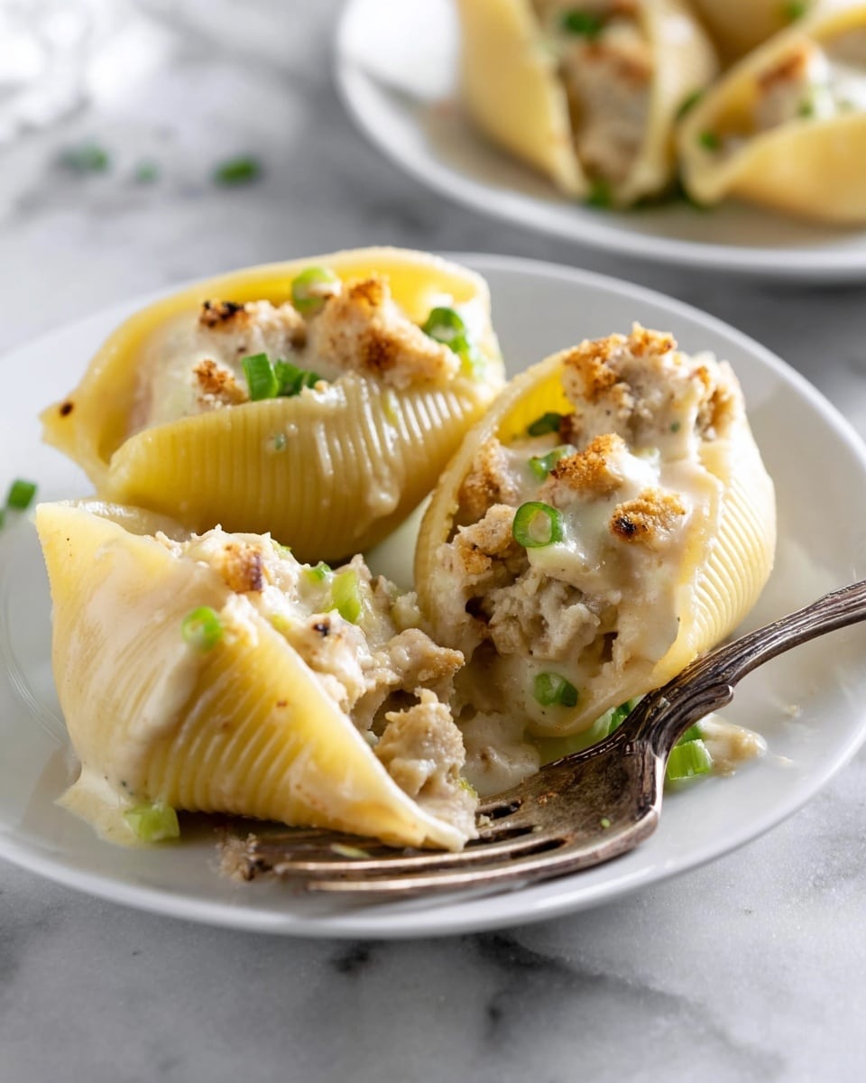 A white plate holds three large pasta shells stuffed with a creamy mixture that includes chunks of bread or stuffing and small green garnish pieces, possibly chopped chives or green onions. The pasta shells are a pale yellow with ridged edges, and the filling has a soft, moist texture with a light creamy sauce visible around the edges. A vintage silver fork rests on the plate next to the shells. In the blurred background, another white plate with more stuffed shells can be seen on a white marbled surface. photo taken with an iphone --ar 4:5 --v 7