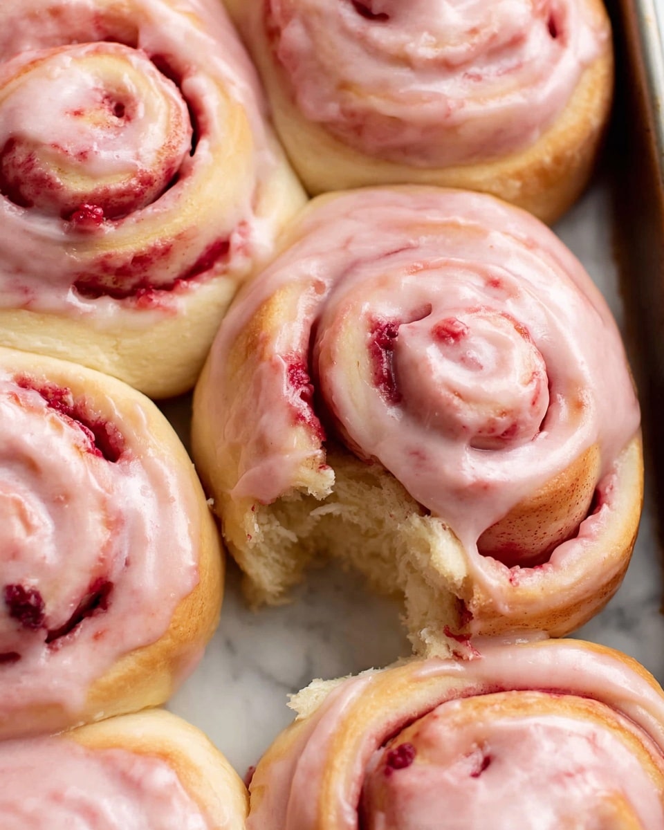The image shows several soft, fluffy cinnamon rolls covered in a smooth pink icing with red berry swirls, arranged close together in a baking pan. The rolls are light golden brown with visible layers of dough spiraled with berry filling inside. One roll is slightly pulled apart, showing a soft, airy inside with the pink icing thickly coating the top and flowing down the sides, highlighting the texture and colors of the layers underneath. The background is a white marbled texture. photo taken with an iphone --ar 4:5 --v 7
