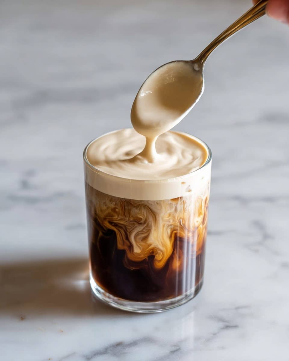 A clear glass filled with a dark brown and creamy beige swirled drink showing a mix of coffee and cream layers at the bottom, topped with a thick, smooth, light beige foam layer that is being added with a spoon above, all placed on a white marbled surface. The spoon, held by an unseen woman’s hand, pours more creamy foam creating soft swirls on top of the drink. Photo taken with an iphone --ar 4:5 --v 7
