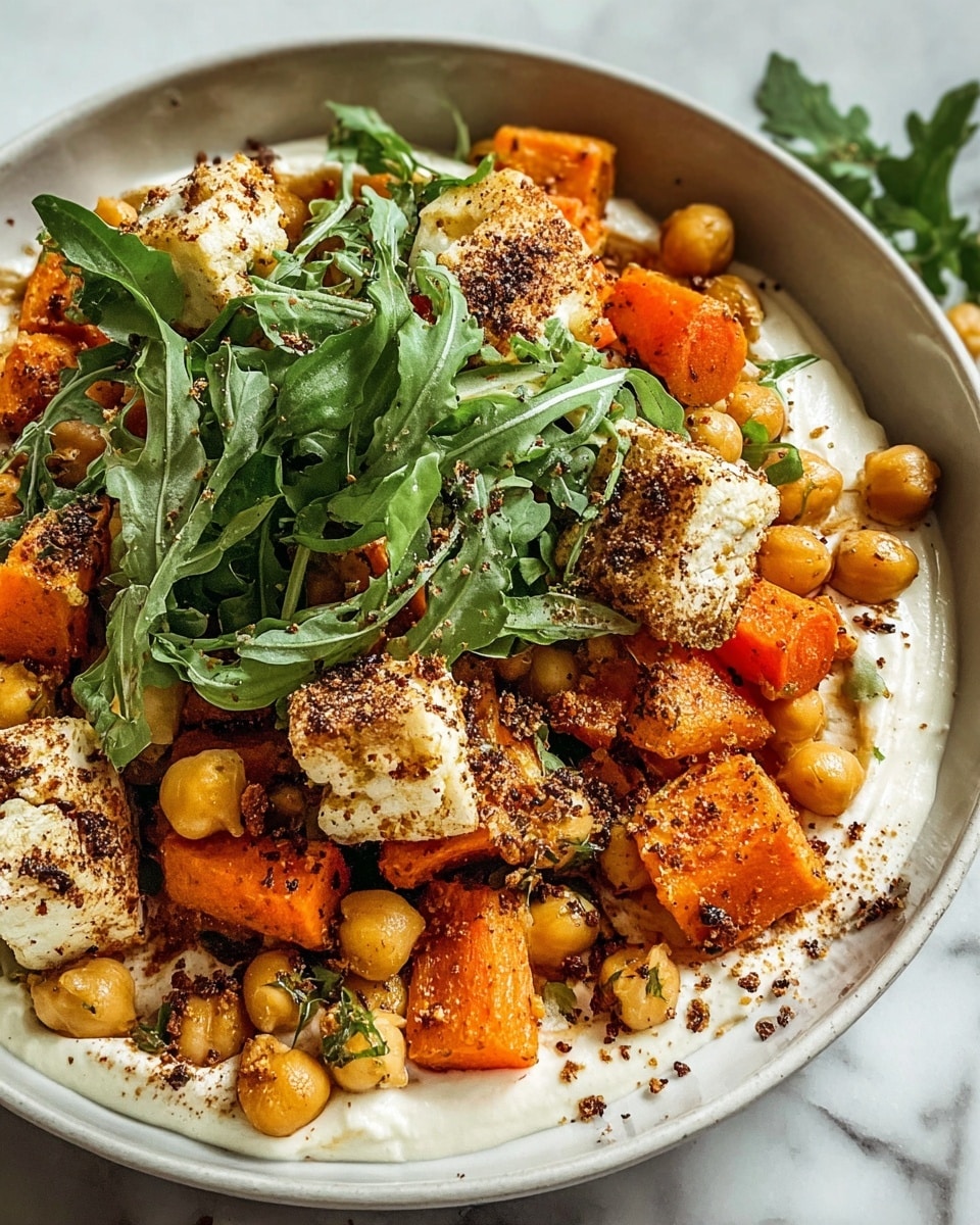 A bowl holds a three-layered dish starting with a base of smooth, white sauce covered by scattered golden chickpeas and bright orange roasted carrots cut into chunks, topped with pieces of white paneer sprinkled with a dark, coarse spice mix, finished off with fresh green arugula leaves adding a fresh touch; the food sits inside a white bowl on a white marbled surface, the close-up view captures the textures and colors vividly, photo taken with an iphone --ar 4:5 --v 7