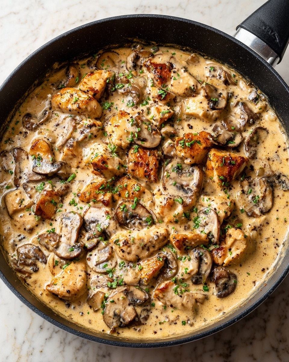 A close-up view of a black skillet filled with a creamy mushroom and chicken dish; it has two main layers: the base layer is a thick, light brown creamy sauce with visible black pepper specks, and on top are irregular, browned chicken pieces and sliced mushrooms scattered evenly, all topped with small green herb bits that add a fresh contrast. The skillet handle is visible and the skillet rests on a white marbled textured surface. photo taken with an iphone --ar 4:5 --v 7