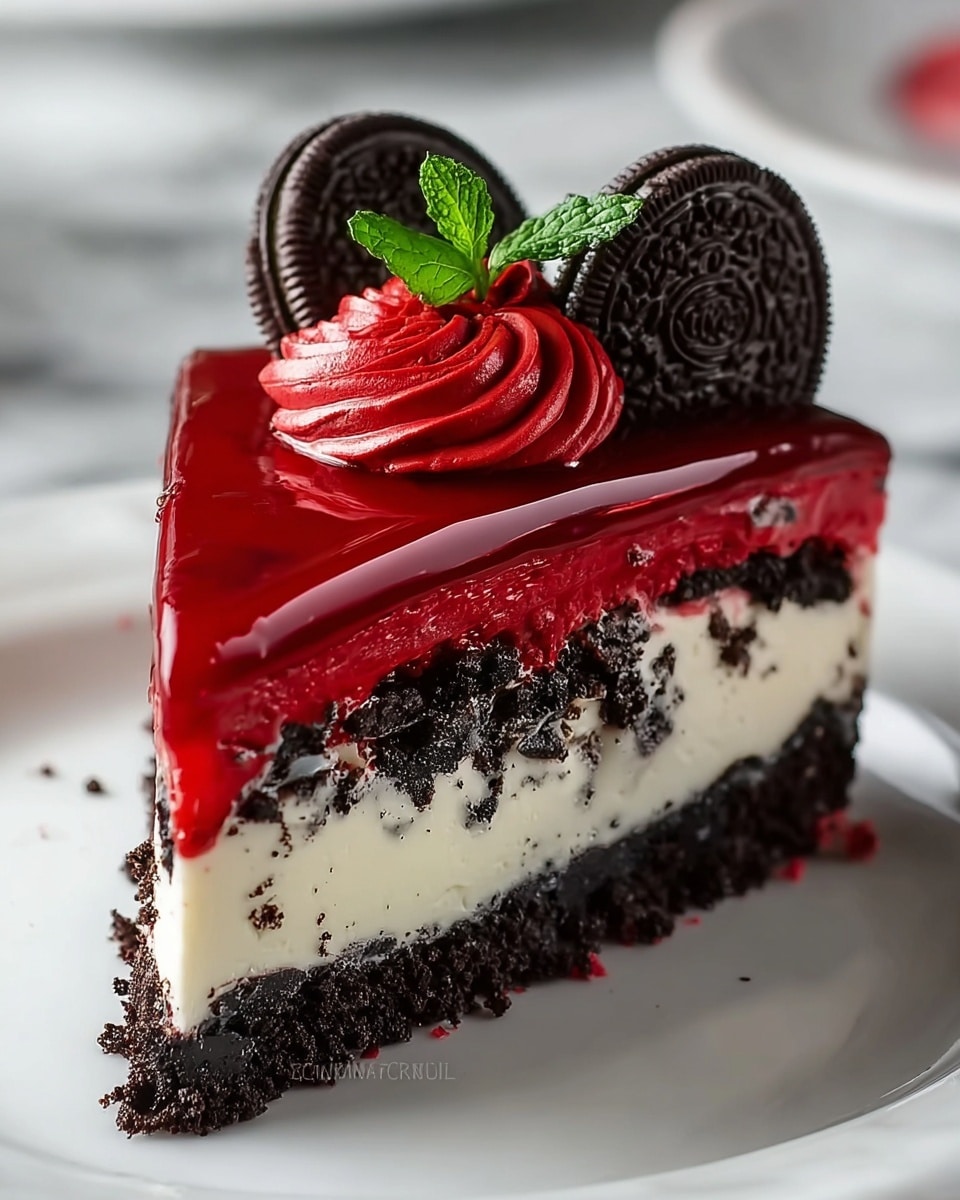 A close-up of a slice of layered dessert on a white plate, featuring four distinct layers: a dark chocolate crumb crust as the base, a bright red fruit or jelly layer above it mixed with dark cookie crumbles, a thick creamy white middle layer, and a shiny deep red mirror glaze topping. The top is decorated with two whole black sandwich cookies, a swirl of smooth red cream, and a fresh green mint leaf, all set against a white marbled surface. Photo taken with an iphone --ar 4:5 --v 7