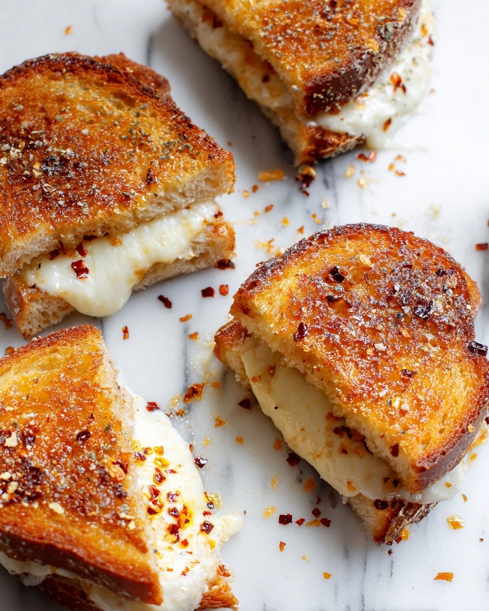 The image shows four pieces of grilled cheese sandwich cut into smaller squares arranged on a white marbled surface. Each sandwich piece has two layers of toasted golden brown bread with a crispy texture, lightly sprinkled with red chili flakes. Between the bread layers is melted, creamy white cheese oozing slightly out of the sides, creating a soft and gooey center. Some crumbs and flakes are scattered around the sandwiches, adding a casual, freshly made look. Photo taken with an iphone --ar 4:5 --v 7