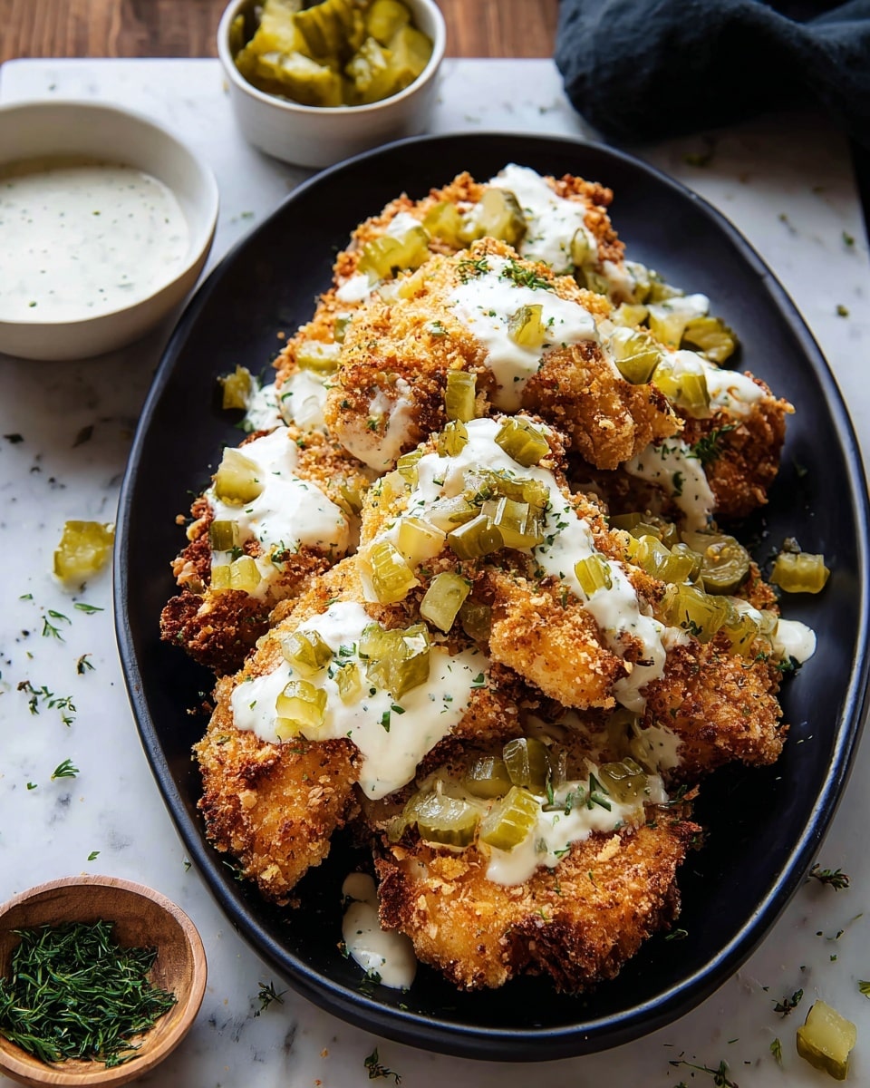 A black oval plate holds a stack of golden brown crispy chicken pieces coated with a crunchy crumb layer; the chicken is topped with a creamy white sauce drizzled unevenly across all pieces. Small green pickle chunks and fresh green herbs are scattered on and around the chicken, adding texture and color contrast. In the background, a small white bowl filled with diced pickles and a small wooden bowl of finely chopped green herbs sit on a white marbled texture surface. Photo taken with an iphone --ar 4:5 --v 7
