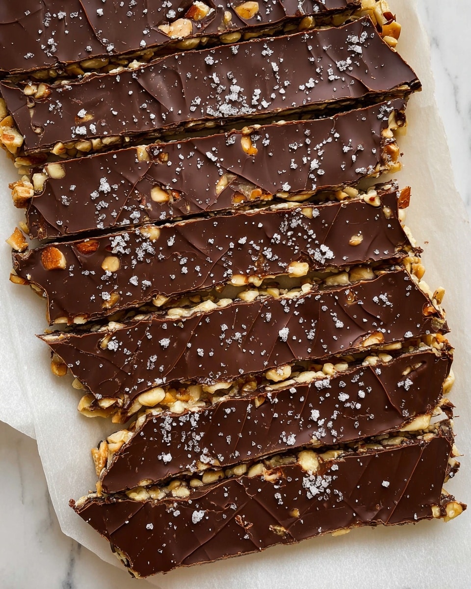 This image shows a large rectangular chocolate nut bark cut into long, thin pieces. The bottom layer is a mix of cream and light brown rough texture made of nuts tightly packed together. The top layer is a thick, smooth dark brown chocolate coating that covers the whole surface with some crackled lines, sprinkled with coarse white salt crystals. The bark is placed on white parchment paper on a white marbled surface visible at the edges. photo taken with an iphone --ar 4:5 --v 7