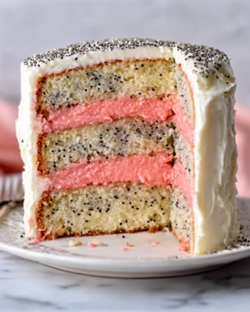 The image shows a three-layer cake on a white plate. The cake has light-colored layers with visible poppy seeds inside. Between each cake layer, there is a thick layer of pink filling that looks creamy and smooth. The outside of the cake is covered with white frosting that also has poppy seeds sprinkled on top. Part of the cake is cut out to show the inside layers clearly. The background is a white marbled surface. Photo taken with an iphone --ar 4:5 --v 7