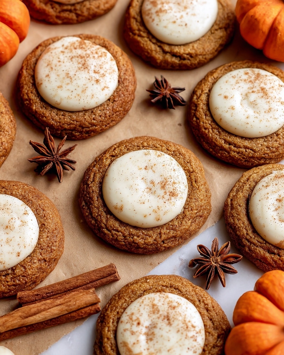 The image shows several round cookies arranged closely on a brown paper sheet. Each cookie has one layer: a thick, soft-looking golden brown base with a slightly cracked surface, topped with a smooth, creamy white circle of icing in the center, dusted lightly with cinnamon powder. Around the cookies, there are decorative small artificial orange pumpkins, dry star anise pods, and cinnamon sticks placed on a white marbled background. The texture of the cookies looks soft and chewy, with a warm, autumn feel. Photo taken with an iphone --ar 4:5 --v 7