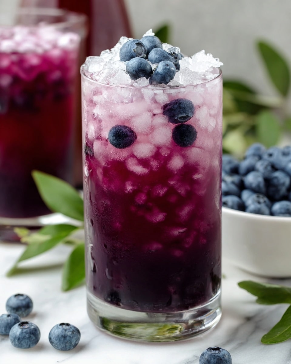 The image shows a tall clear glass filled with a deep purple drink as the bottom layer, topped with a layer of crushed ice that lightens the purple color near the top. On the surface, several fresh blueberries float, adding a dark blue contrast. The glass sits on a white marbled surface, surrounded by scattered fresh blueberries and green leafy sprigs. In the blurred background, another similar glass filled with the same purple drink is visible alongside a white bowl filled with blueberries. Photo taken with an iphone --ar 4:5 --v 7