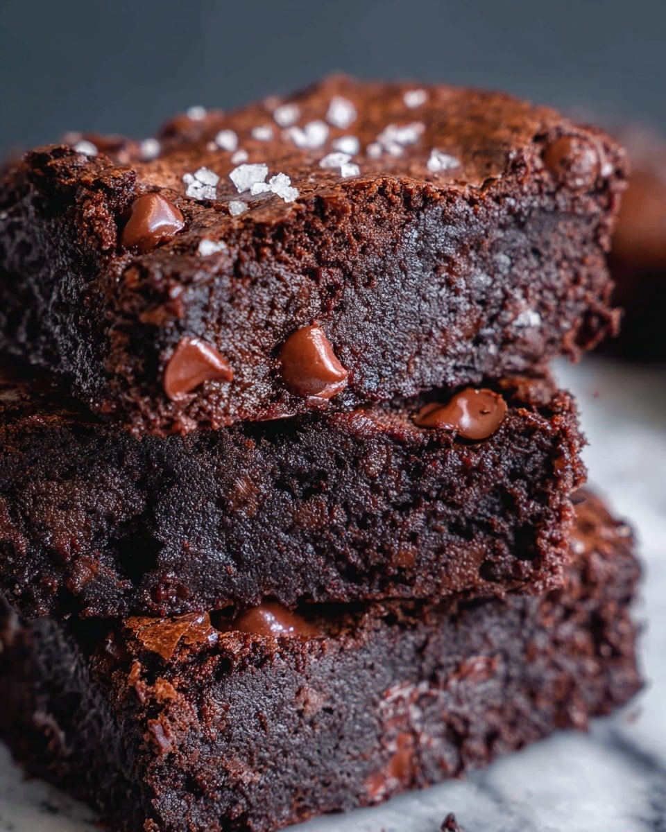 A close-up view of three stacked slices of rich, dark chocolate brownie showing three thick layers. The top surface is cracked with melting chocolate chips embedded, creating shiny dark brown patches, with coarse salt crystals sprinkled on top. The inside of the brownies looks moist and dense, with a soft texture dotted with melted chocolate bits. The background is blurred with a white marbled texture. photo taken with an iphone --ar 4:5 --v 7