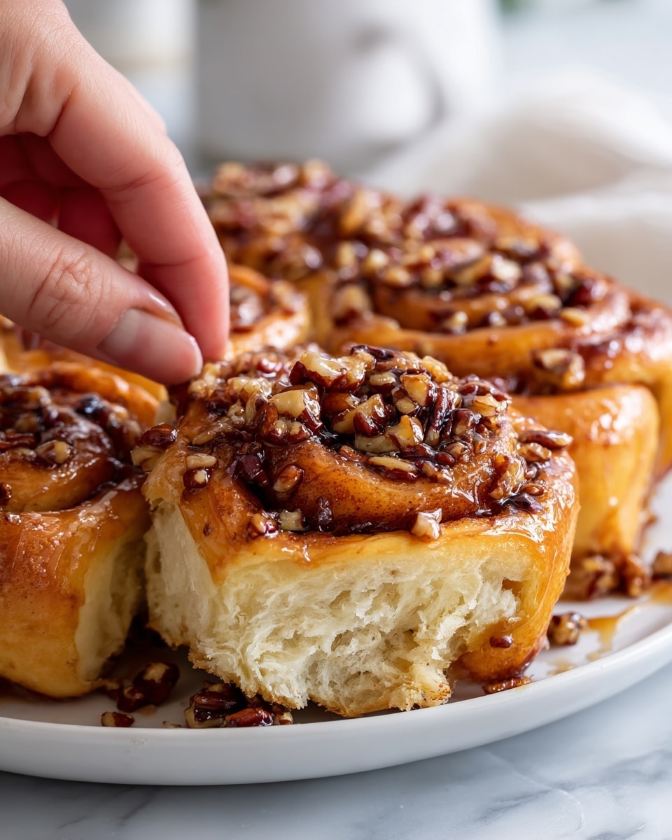 A close-up view of several pecan sticky rolls on a white plate, placed on a white marbled surface. The rolls have a golden-brown, glossy top layer covered with sticky caramel glaze. Each roll is made of multiple layers of light, flaky pastry with a soft, slightly buttery texture. The center of the rolls is filled with a rich mix of chopped pecans and sticky caramelized nuts, showing dark and light brown shades with a shiny, syrupy coating. One roll is being gently lifted by a woman's hand, showing the flaky layers and sticky nut filling inside. Photo taken with an iphone --ar 4:5 --v 7