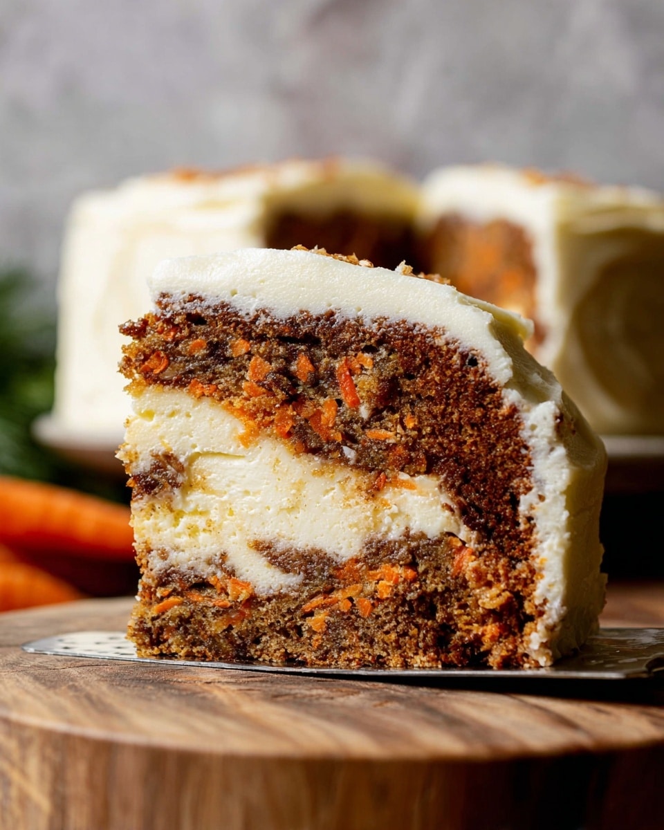 A close-up image of a slice of cake showing three distinct layers: the bottom layer is a moist, dark brown carrot cake with visible orange carrot bits and a dense texture, the middle layer is creamy white cheese filling swirled inside the cake, and the top layer is a thick slope of smooth white frosting. The cake slice rests on a silver spatula placed on a wooden surface with a blurred white marbled texture background. In the background, the remaining cake is partially visible with the same frosting on top. Photo taken with an iphone --ar 4:5 --v 7