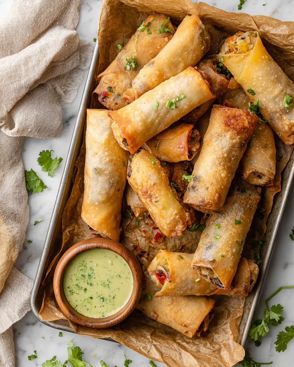 A baking tray lined with brown parchment paper holds many crispy, golden-brown spring rolls, each sprinkled with small green herb pieces and varying slightly in shape and size; some rolls show hints of an inner filling with colors like dark brown, yellow, and red peeking through the thin, crunchy wrapper. To the left side, there is a small wooden bowl filled with a smooth, pale green dipping sauce garnished with green herbs. The tray is placed on a white marbled surface, with scattered fresh green herb leaves around, and a soft beige cloth partially visible near the top left corner. Photo taken with an iphone --ar 4:5 --v 7