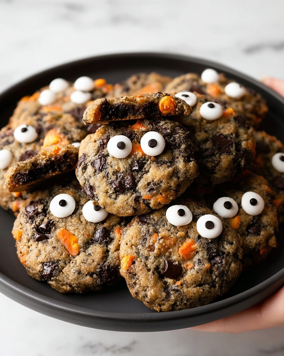 A black round plate filled with round cookies that have a rough, chunky texture with visible dark chocolate chips and small orange bits mixed in, each cookie decorated with two small white candy eyes with black dots. One cookie is broken in half and placed on top, showing a slightly soft, chewy inside with melted chocolate and bits of orange mixed throughout. The plate sits on a white marbled surface. photo taken with an iphone --ar 4:5 --v 7