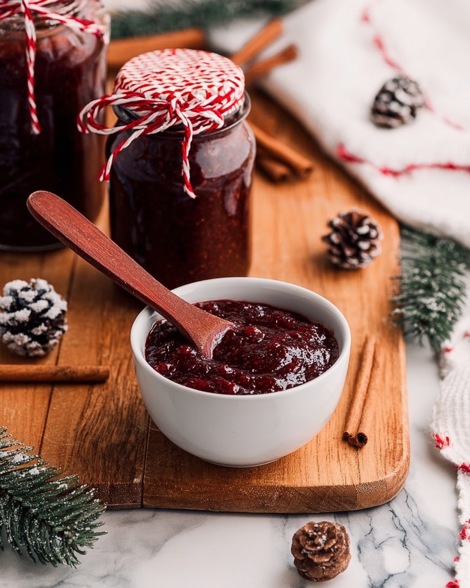 The image shows a small white bowl filled with a thick, dark red berry sauce or jam with a rich textured surface, like small fruit bits are visible. A reddish-brown wooden spoon is resting inside the bowl, with its handle extending to the left. Behind the bowl, there are two glass jars filled with the same dark red jam, each tied at the top with a red and white twisted string. The bowl and jars are set on a wooden board with a natural grain texture. Around the board, there are a few cinnamon sticks, small pine cones dusted with white, and green pine needles adding a festive feel. A white cloth with red stitching lies on the right side. The background is changed to a white marbled texture. photo taken with an iphone --ar 4:5 --v 7