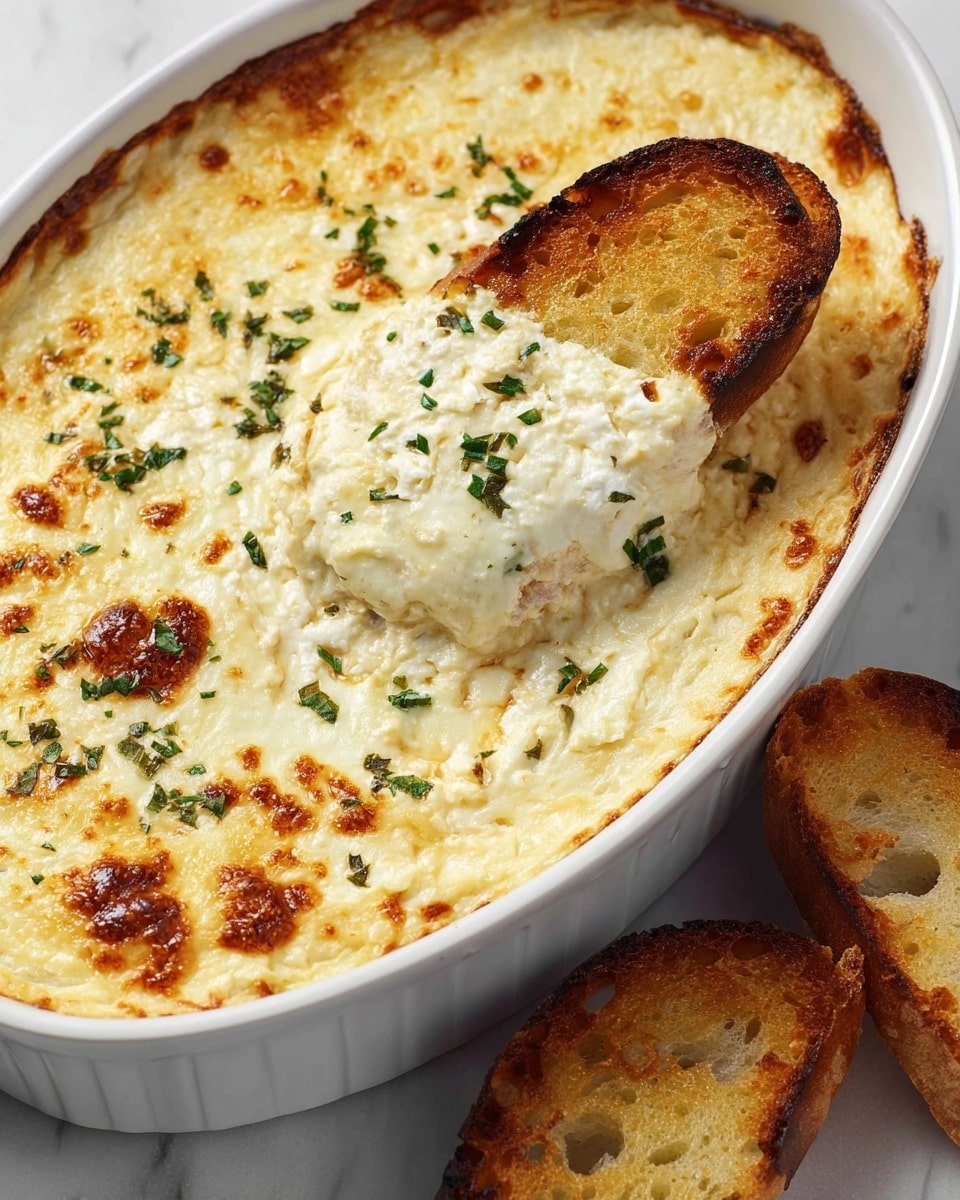 A white casserole dish filled with a creamy, golden-browned baked cheese dip that has a bubbly and slightly browned surface, sprinkled with small green herb pieces on top. Two toasted, golden-brown slices of bread are stuck into the dip, one partially covered with the creamy white cheese mixture. The dish sits on a white marbled surface, with an extra toasted bread slice lying nearby. Photo taken with an iphone --ar 4:5 --v 7