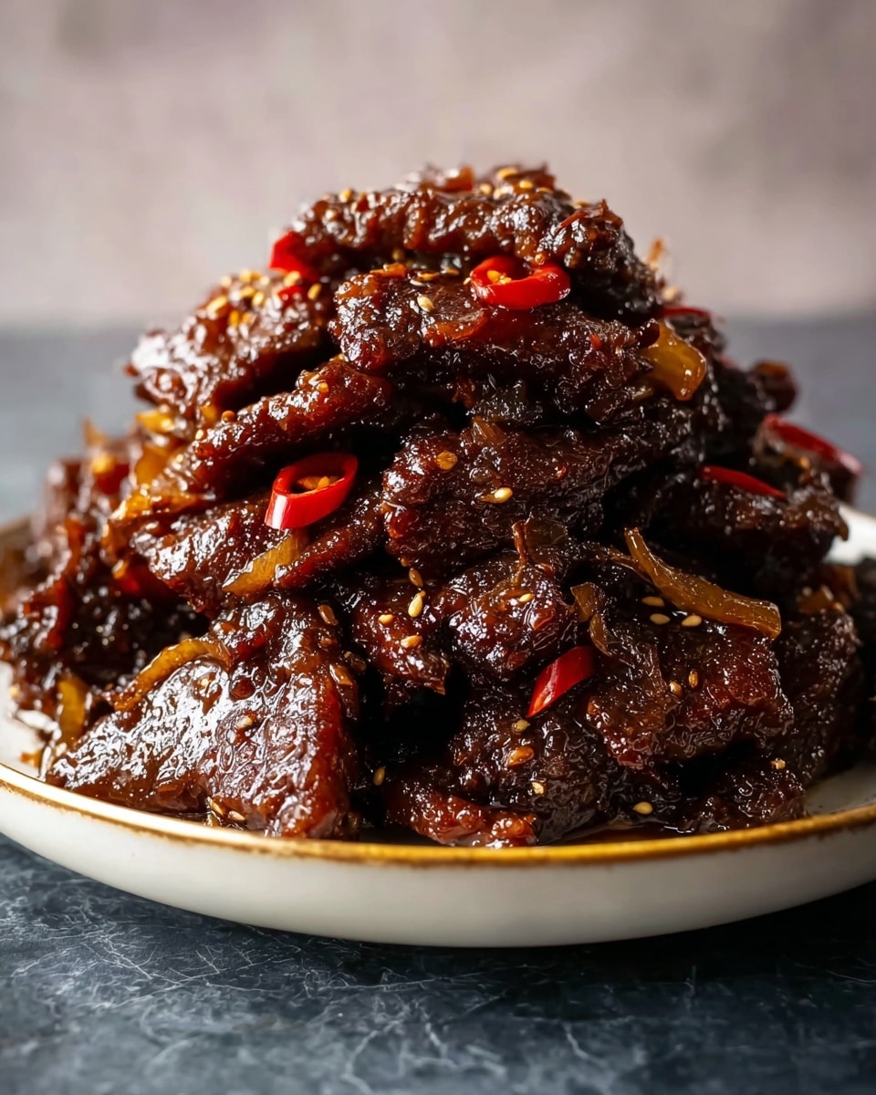 A tall pile of glossy dark brown cooked beef slices sits on a white plate with a thin gold rim, each piece covered in a sticky, shiny glaze and speckled with sesame seeds. Thin red chili slices are scattered throughout the mound, adding contrast and color. The beef looks tender and richly coated with caramelized sauce, with a few bits of cooked onions mixed in. The plate rests on a white marbled textured surface with soft lighting highlighting the meat’s moist texture. Photo taken with an iphone --ar 4:5 --v 7